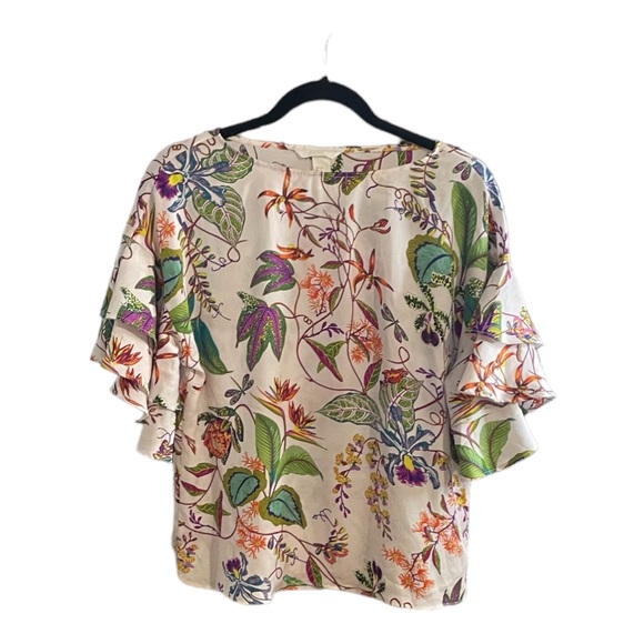 H&M Tops - H&M Floral Tropical Patterned Blouse Ruffle Sleeve Multicoloured Womens Size 2